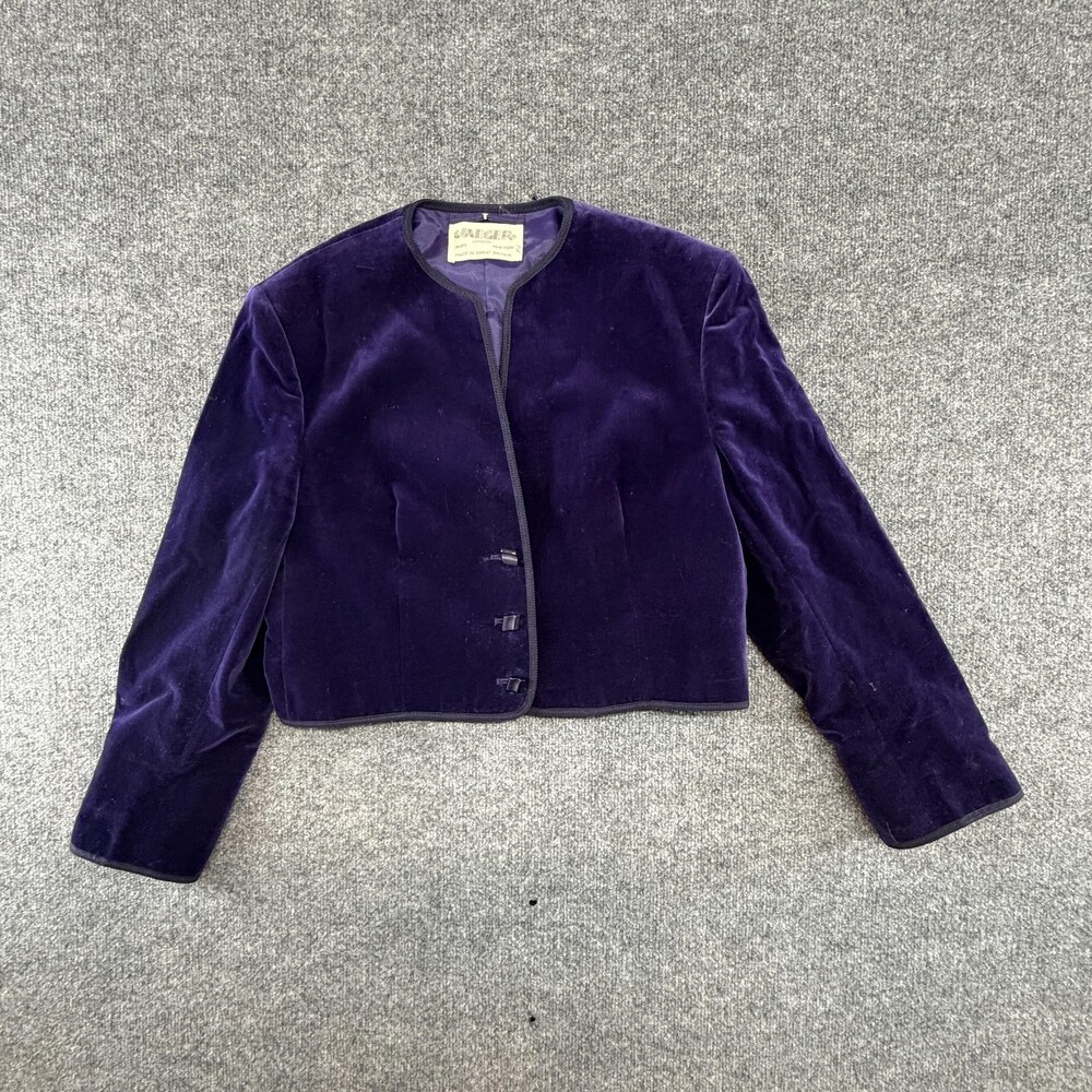 VTG Jaeger Jacket Womens 16 Purple Velvet Cropped Button Made Great Britain